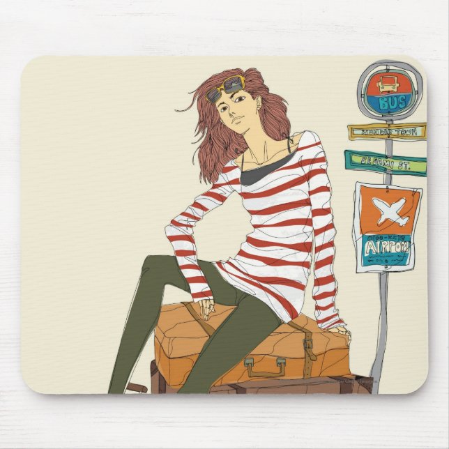 Portrait of young woman sitting on suitcase mouse mat (Front)