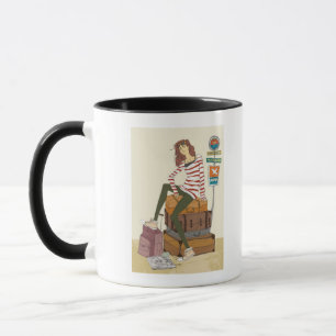 Portrait of young woman sitting on suitcase mug