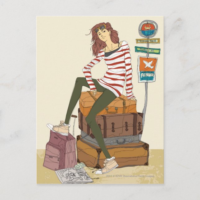 Portrait of young woman sitting on suitcase postcard (Front)