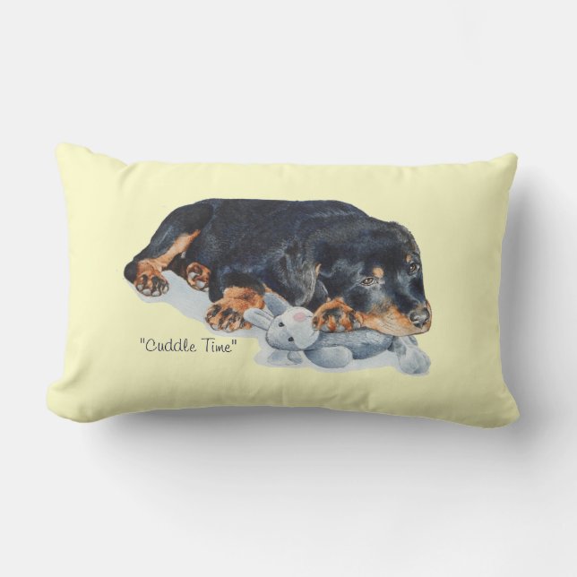 portrait painting of cute puppy rottweiler dog lumbar cushion (Front)