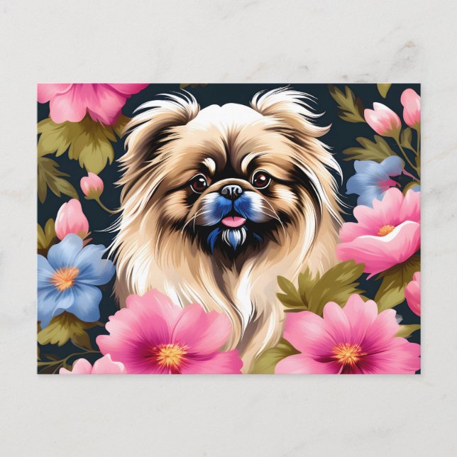 Portrait Pekingese  And Flowers Postcard (Front)