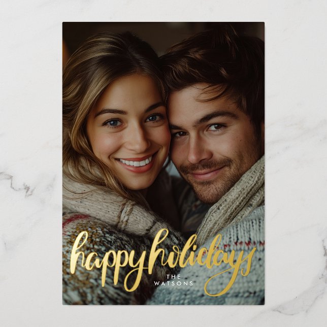 portrait photo happy holidays gold foil holiday card (Front)
