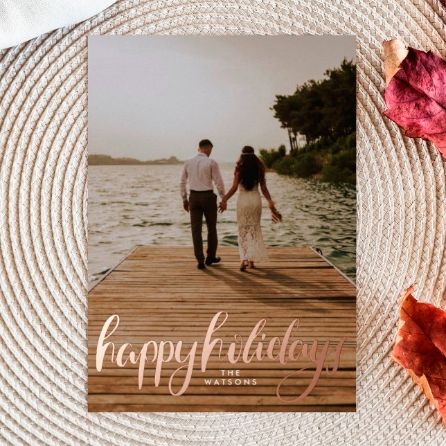 portrait photo happy holidays rose gold foil holiday card (Creator Uploaded)