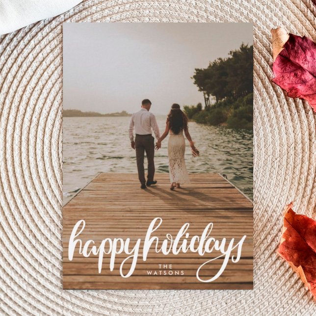 portrait photo happy holidays white calligraphy holiday card (Creator Uploaded)