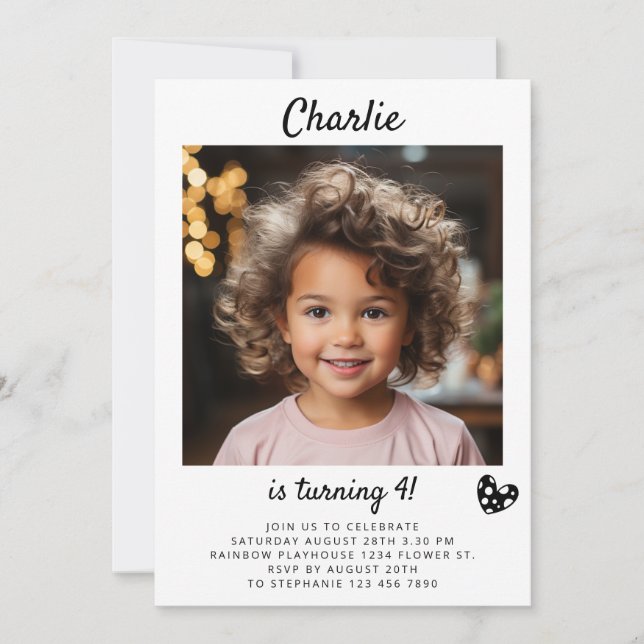 Portrait Photo Kids Picture Simple Script Birthday Invitation (Front)