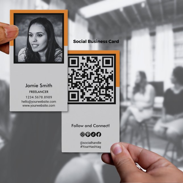 Portrait Photo Social QR code Black, Orange & Grey Business Card (Portrait Photo Social QR code Black, Orange & Gray Business Card)
