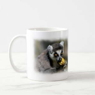 Portrait ring-tailed lemur eating a banana coffee mug