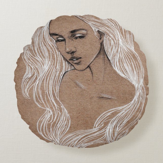 Portrait Sketch: Young Girl Illustration Round Cushion (Front)