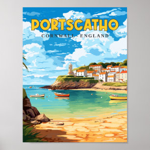 Portscatho Cornwall vintage travel illustration Poster