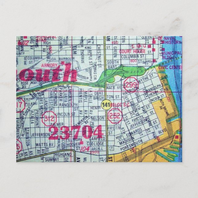 Portsmouth, VA Vintage Map Postcard (Front)