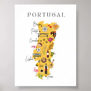 Portugal map with main cities and various symbols poster