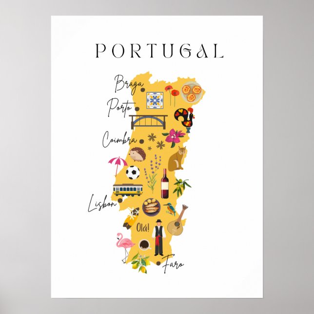 Portugal map with main cities and various symbols poster (Front)