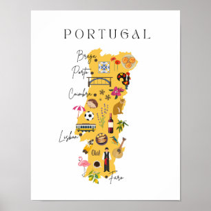 Portugal map with main cities and various symbols poster