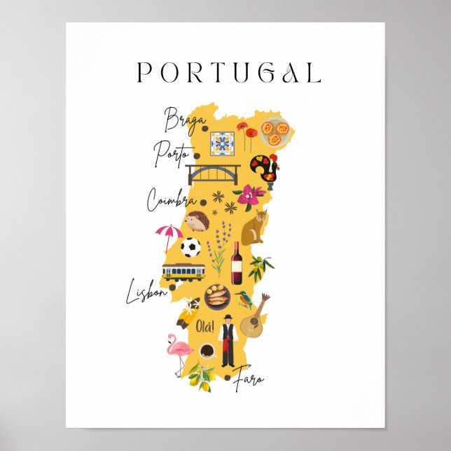 Portugal map with main cities and various symbols poster (Front)