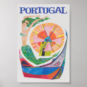 Portugal, Mermaid, Colourful Retro Vintage Travel Poster