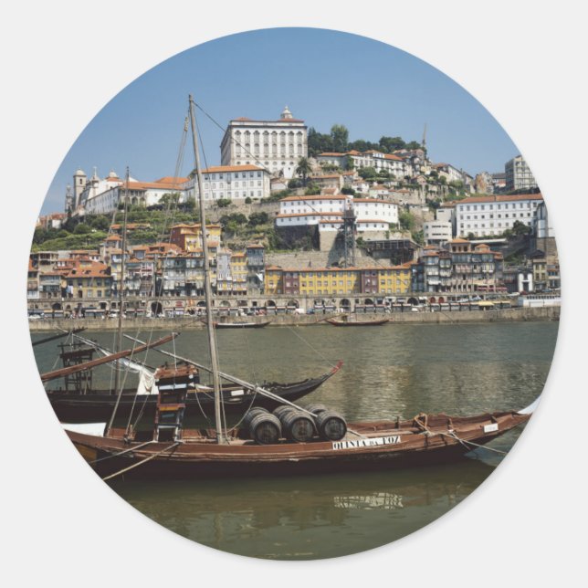Portugal, Porto, Boat With Wine Barrels Classic Round Sticker (Front)