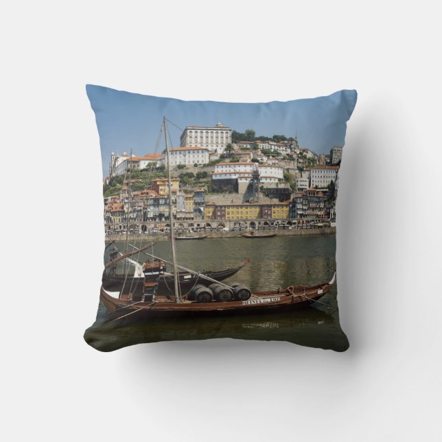 Portugal, Porto, Boat With Wine Barrels Cushion (Front)