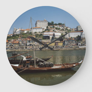 Portugal, Porto, Boat With Wine Barrels Large Clock