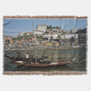Portugal, Porto, Boat With Wine Barrels Throw Blanket