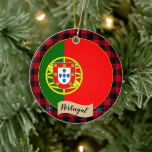 Portugal, Red buffalo plaid & Portuguese Flag Ceramic Tree Decoration