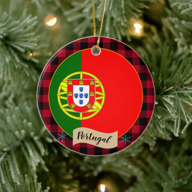 Portugal, Red buffalo plaid & Portuguese Flag Ceramic Tree Decoration (Tree)