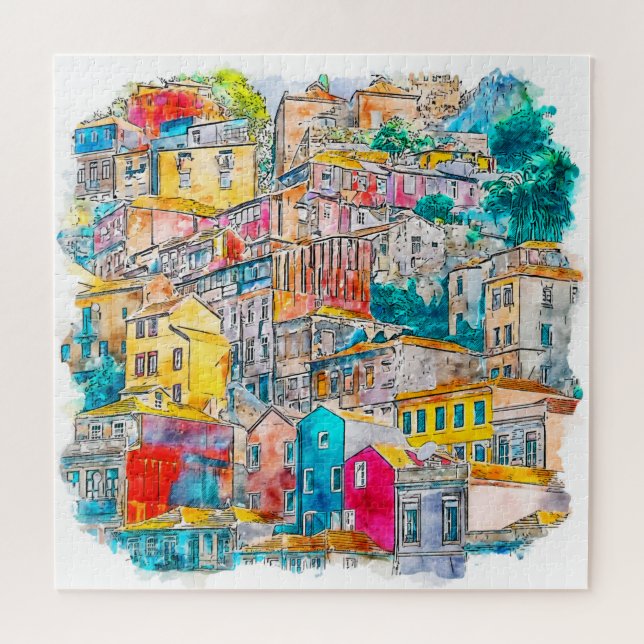 Portugal Watercolor Cityscape Jigsaw Puzzle (Horizontal)