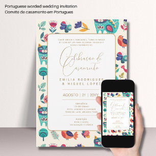 Portugeuse Casamento Floral Folkart Rústico Inv Invitation
