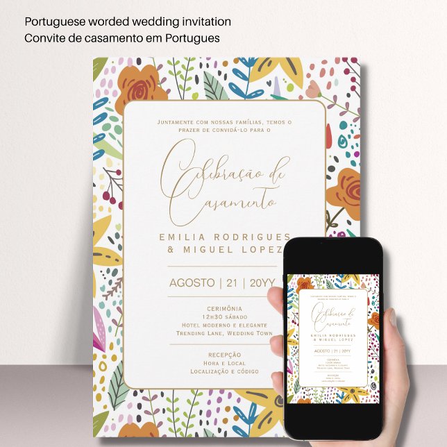 Portugeuse |  Casamento Floral Folkart Rústico Inv Invitation (Creator Uploaded)