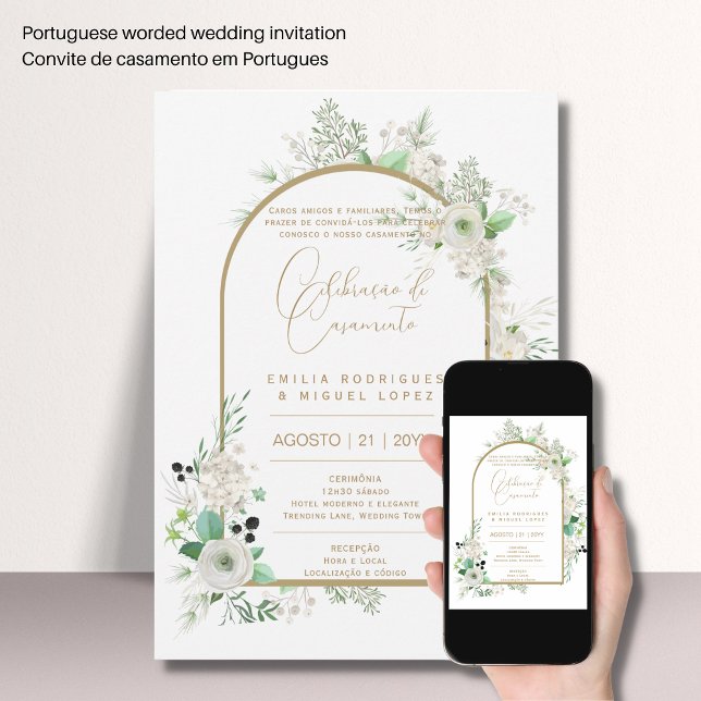 Portugeuse | Casamento Floral White Rosas Brancas Invitation (Creator Uploaded)