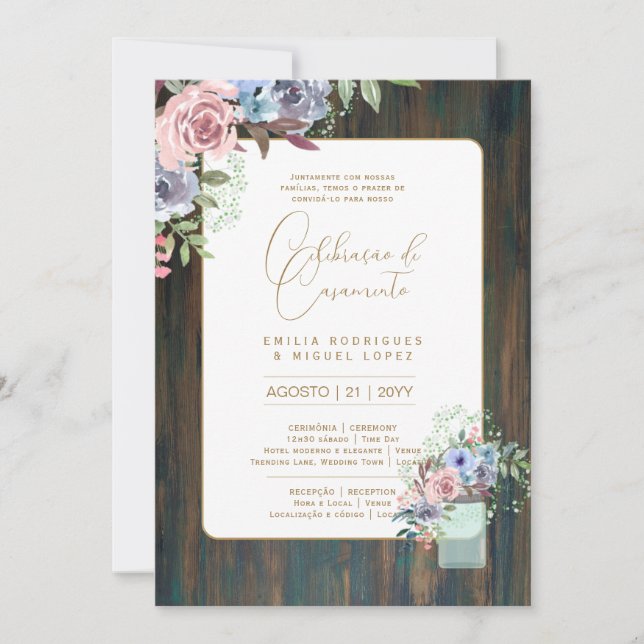 Portugeuse |  Casamento Flores Folclóricas Rústica Invitation (Front)