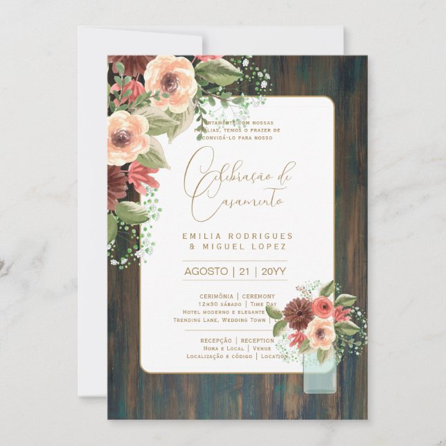 Portugeuse |  Casamento Flores Folclóricas Rústica Invitation (Front)