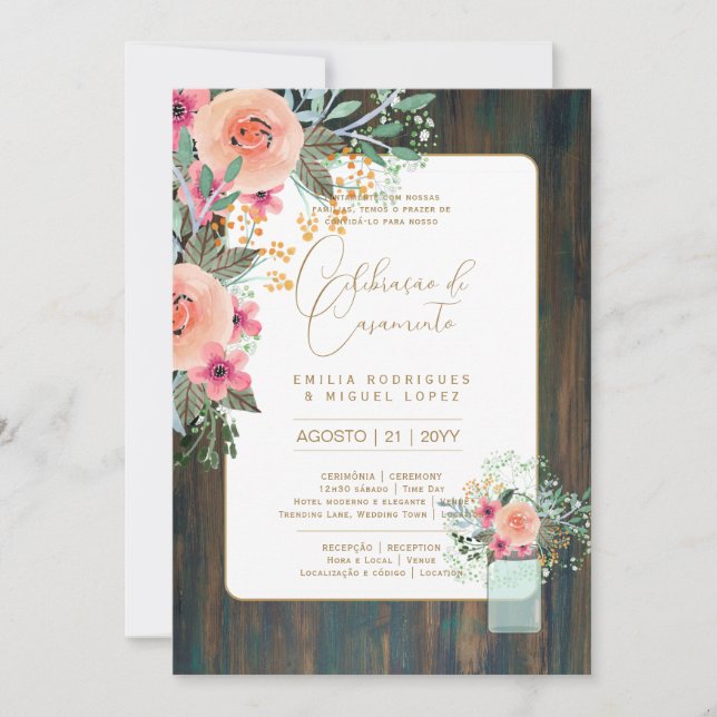 Portugeuse |  Casamento Flores Folclóricas Rústica Invitation (Front)
