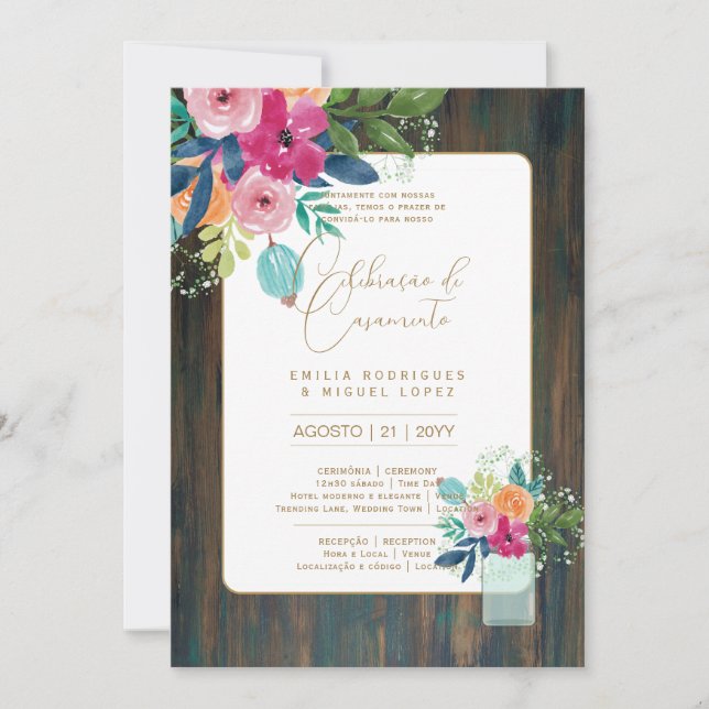 Portugeuse |  Casamento Flores Folclóricas Rústica Invitation (Front)