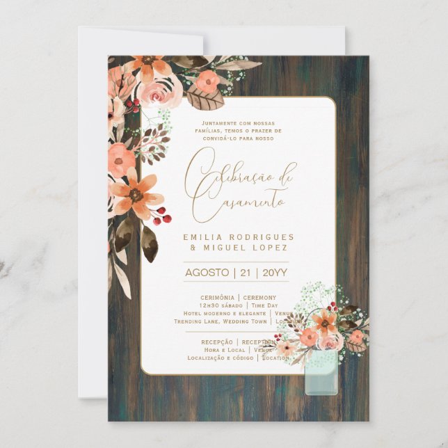 Portugeuse |  Casamento Flores Folclóricas Rústica Invitation (Front)