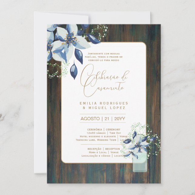 Portugeuse |  Casamento Flores Folclóricas Rústica Invitation (Front)