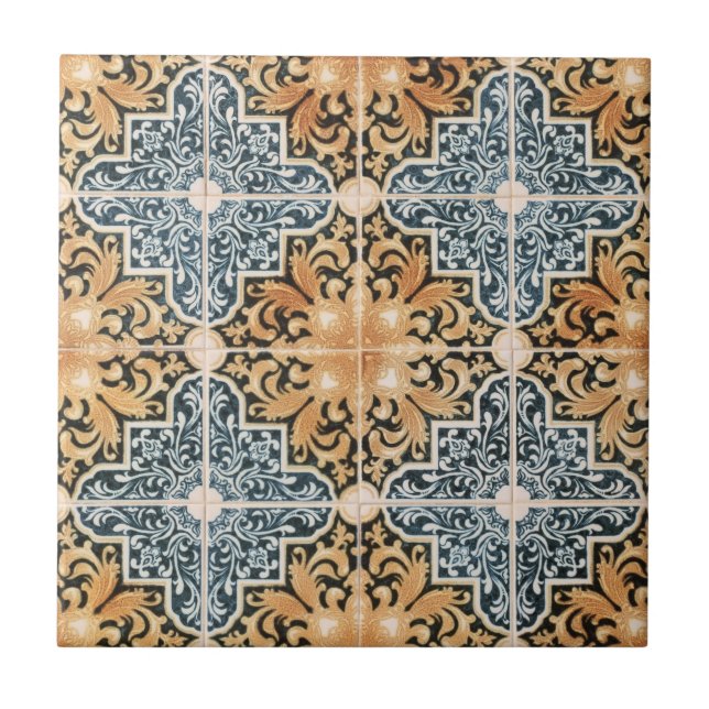 Portughese Peach and Blue Vintage Geometric Tile (Front)
