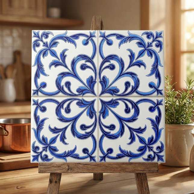 Portuguese Azulejo Blue and White Floral Scroll Tile (Creator Uploaded)