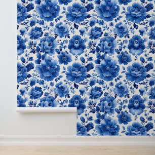 Portuguese Azulejo Blue Floral Delft Tile Pattern Wallpaper