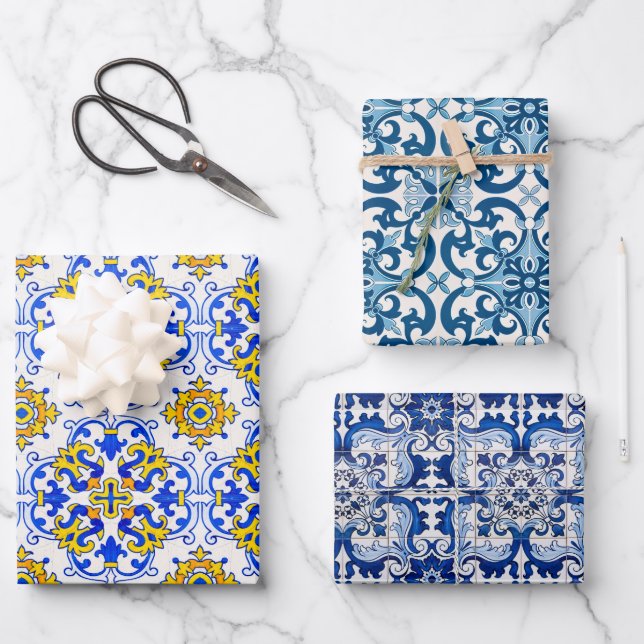 Portuguese Azulejo Ceramic Tiles Seamless Pattern Wrapping Paper Sheet (Front)