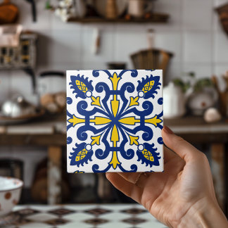 Portuguese Azulejo Classic Decorative Blue Yellow  Tile