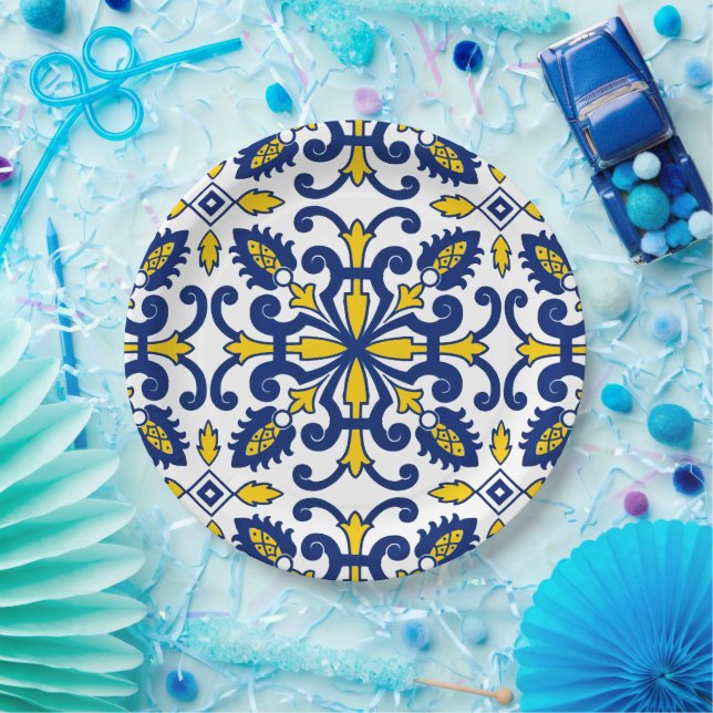 Portuguese Azulejo Decorative Blue Yellow Party Paper Plate (Party)