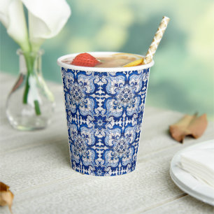 Portuguese Azulejo Decorative Pattern Indigo Blue Paper Cups