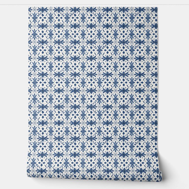Portuguese Azulejo Essence Mini - Blue and White Wallpaper (Unrolling)