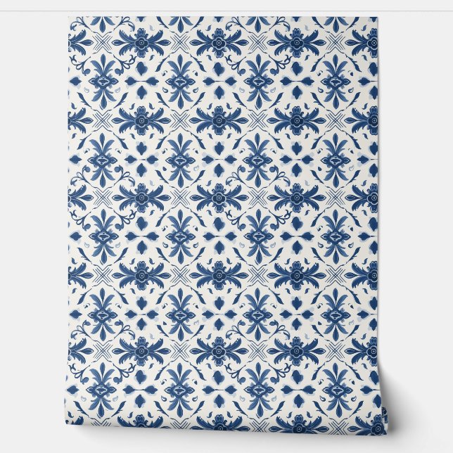 Portuguese Azulejo Essence Petite  - Blue & White Wallpaper (Unrolling)