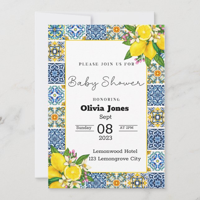 Portuguese Azulejo Lemon Tiles Baby Shower Invitation (Front)