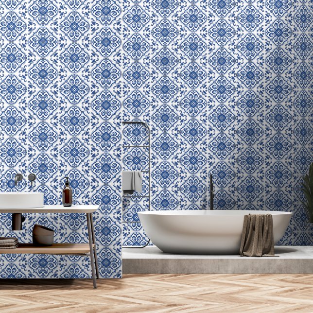 Portuguese Azulejo Pattern Mediterranean Blue Tile Wallpaper (Bathroom)
