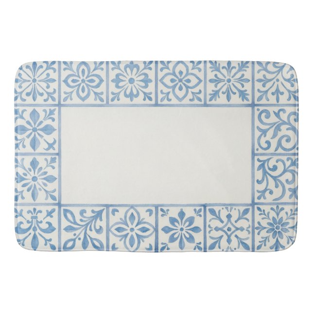 Portuguese Azulejo tile blue stationary design Bath Mat (Front)