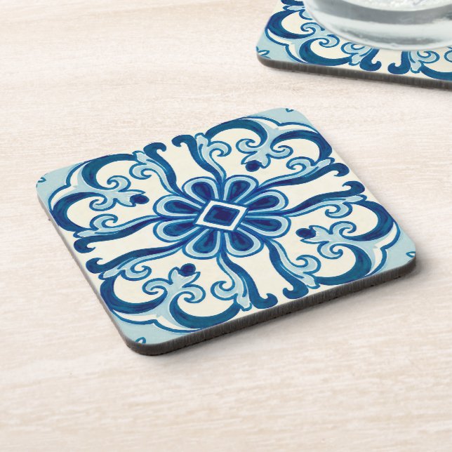 Portuguese Azulejos Blue Floral Pattern Coaster (Left Side)