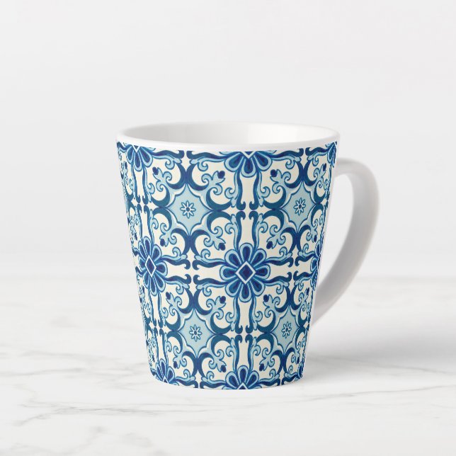 Portuguese Azulejos Blue Floral Tile Pattern Latte Mug (Right Angle)