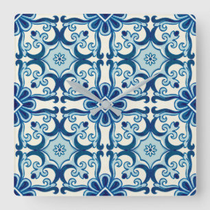 Portuguese Azulejos Blue Floral Tile Pattern Square Wall Clock